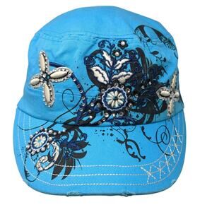 Academy Fits Cadet Army Cap Blue One Size Embroidered Distressed Rhinestonme